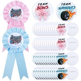Burnouts or Bows Gender Reveal Decorations - 50 Pcs Burnouts Bows Gender Reveal Button Pins with 2 Pcs Daddy to be & Mommy to be Tinplate Badge Pin, Team Boy or Team Girl Party Favors for Baby Shower