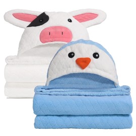 WODHOY Baby Hooded Bath Towels, 2 Pack Absorbent Hooded Towel for Babies, 50 x 32 in Soft Baby Bath Towel with Animal Hood, Large Thick Hooded Towel for Baby 0-5 Years, White Cow Blue Penguin