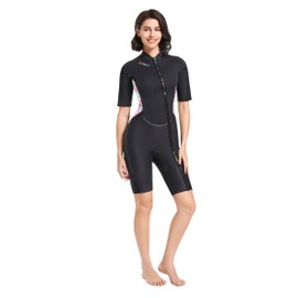 1.5mm Women Diving Suit Short Sleeve One-Piece Wetsuit Pink Blue Print Waist Slimming UV Protection Warm high Elasticity Front Zipper Suitable for Swimming Snorkeling (1.5MM Pink, Large)
