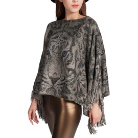 Bonnorth Shawl Wraps For Women, Knitted Leopard Poncho With Tassel, Tiger Print Warm Versatile Poncho, (One Size, Silver)