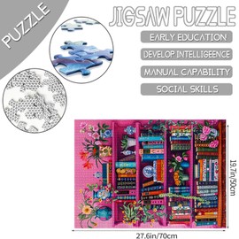 Bookshelf Book Theme Jigsaw Puzzles for Adults 1000 Pieces Boho Painting Jigsaw Puzzle Library Puzzles for Challenging Family Activity Games Colorful Puzzle for Home Decor Gifts - 27 x 20 Inches