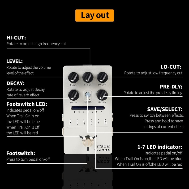 FLAMMA FS02 Reverb Pedal Stereo Guitar Effects with 7 Storable
