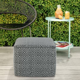 SIMPLIHOME Briella 18 Inch Boho Square Woven Outdoor/ Indoor Pouf in Grey and White Recycled PET Polyester, For the Living Room, Bedroom and Kids Room