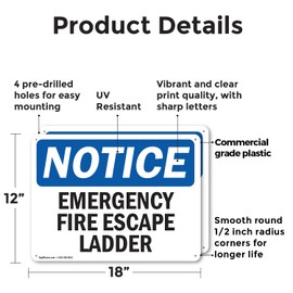 (2 Pack) Emergency Fire Escape Ladder OSHA Notice Sign 18 Inch X 12 Inch Plastic Sign, Weather Resistant, UV Protected for Workplace, Business, and Construction Site, Made in the USA