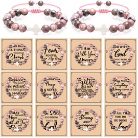 Cunno 12 Set Christian Cross Bracelets Bulk Religious Cross Beaded Bracelet for Women Men 12 Natural Beaded Stuffs Inspirational Cards Envelope Christian Jewelry Faith Gift(Chic Style,Pink)