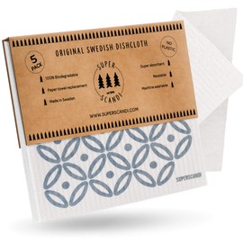 SUPERSCANDI 5 Pack Swedish Dishcloths for Kitchen - 100% Biodegradable & Compostable Reusable Paper Towels Washable, Food-Safe & Without Plastic - Dish Rags Suitable for Any Surface, Artdeco Blue