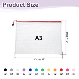 HARFINGTON 24pcs Mesh Zipper Pouch Bags A3 17" x 12" Plastic Waterproof Mesh File Bag Clear Document Zipper Pouches for Classroom Home Travel Office Supplies Organization, 12 Colors