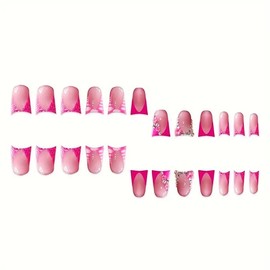 Pink French Tip Press on Nails Medium Length Fake Nails with Rhinestone Designs Cute Flower False Nails Full Cover Gradient Stick on Nails Duck Nails Press on French Glue on Nails for Women 24Pcs