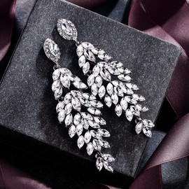 BriLove Women's Wedding Bridal Crystal Multi Marquise-Shape Leaf Cluster Chandelier Dangle Earrings Clear Silver Tone