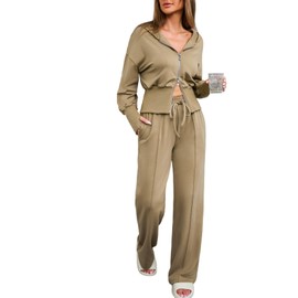 Herseas 2 Piece Teacher Outfits for Women Gym Wear Crop Top Long Sleeve Zip Up with Wide Leg Sweatpants Matching Suit Going Out Sets Beige Large 12 14