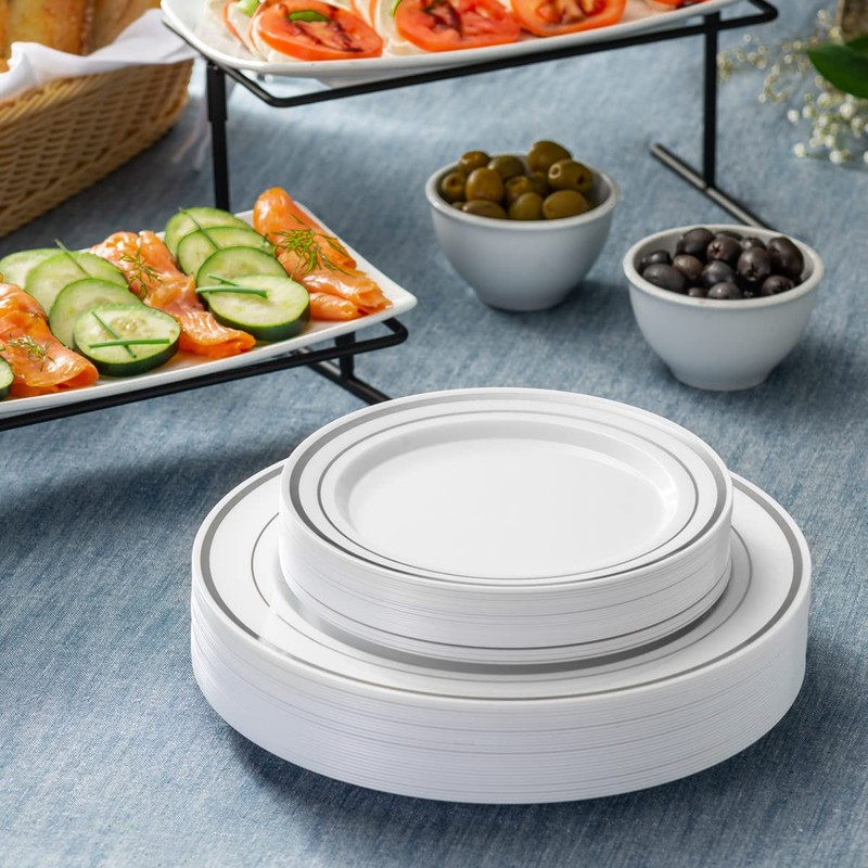 SETUP [60 Piece Combo Silver Trim Plastic Plates - Premium