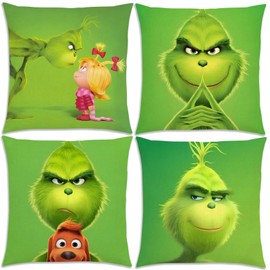 Merry Christmas Throw Pillow Covers 18x18 Welcome to Whoville Winter Holiday Birthday Party Decoration for Home Bed Couch Sofa -Set of 4