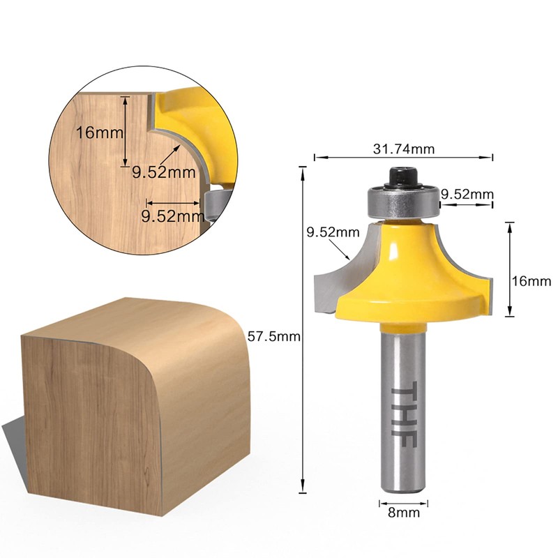 THF 5 Pieces Round Over Milling Cutter Bits, 8 mm