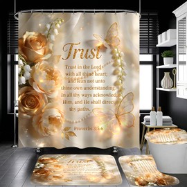 4 Piece Inspirational Quotes Shower Curtain Set with Rugs, Elegant Champagne Gold Floral Butterfly Bathroom Decor, Waterproof Fabric Bath Curtain with Non-Slip Bath Mat, U-Shape Rug & Toilet Lid Cover