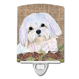 Caroline's Treasures SS4073CNL Maltese on Faux Burlap with Pine Cones Ceramic Night Light Compact, UL-Certified, Ideal for Bedroom, Bathroom, Nursery, Hallway, Kitchen, 6x4x3, Multicolor