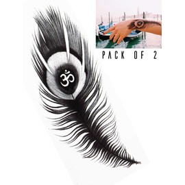 Novu Ink Aum Feather Temporary Tattoos | PACK OF 2 | Fake Tattoos | Art Design Transfers/Stickers | For Body, Arm, Leg etc | (16cm x 7cm)