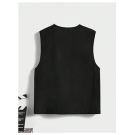 Verdusa Men's Sleeveless Letter Patched Buckle Zipper Flap Pocket Steampunk Cargo Vest Jacket Black A Medium