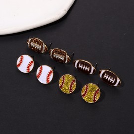 Rhinestone Baseball Softball Stud Earrings for Women, Sparkly Crystal CZ Basketball Football Volleyball Soccer Earrings, Enamel Hypoallergenic Round Stud Earrings Sport Lover Holiday Party Game Jewelry for Women (4 Pairs Baseball stud)