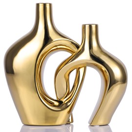 Juego de 2 jarrones de cerámica Huecos Dorados, floreros Modernos de Estilo Bohemio nórdico, floreros de Hierba de Pampas para Bodas, Sala de Estar, Oficina, Entrada, centros de Mesa de Comedor