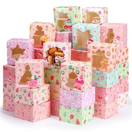 ForraFun 120 Pcs Christmas Cookie Boxes Pink Pastel Christmas Treat Boxes 12 Design Exchange with Window for Gift Giving Bakery Pastry Dessert Cupcakes Brownies Snacks Macaron Candy Party Favor