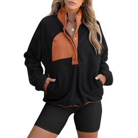 ANRABESS Women Fuzzy Fleece Pullover Sherpa Sweatshirt Long Sleeve Button Down Warm Soft Color Block Jackets with Pockets Black Medium