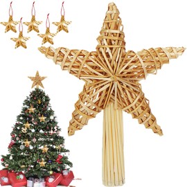 Christmas Tree Topper Star Topper, Large Tree Topper Star with 5 Mini Straw Stars, 20 x 30.5 cm Christmas Tree Star Made of Natural Straw, Tree Topper Star Christmas for Christmas Tree Decoration