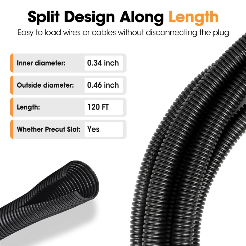 120 FT Wire Loom 3/8 Inch, Split Wire Loom Tubing