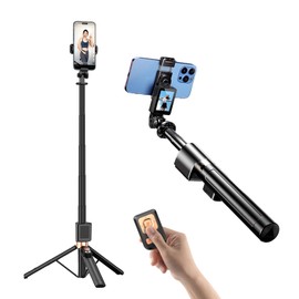 Camnoon Selfie Stick Tripod, 2-in-1 Selfie Pole with Removable Projection Screen, Max Height 170 cm with Remote Shutter Release Phone Clamp for iOS and Android Smartphone