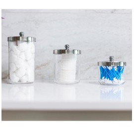 Huang Acrylic Chrome Lid Clear Cosmetic Container | Store Q-Tips, Cottonballs, Cotton Rounds | Perfect Counter Top or Shelf Storage | Small