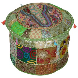 Stylo Culture Cotton Patchwork Embroidered Pouffe Stool Ottoman Stool Pouf Cover Green Flowers