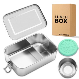 Awaiymi Bento Lunch Box Stainless Steel 1500ml Metal Bento Lunch Boxes with 3 Compartments and Leakproof 100ml Spice Container, Metal Food Storage for Adults at Work