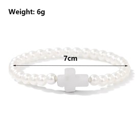 Rrdaily Minimalist Pearl Cross Elastic Bracelets for Women Geometric White Beaded Crucifix Stretch Bracelets Faith Based Gifts for First Communion Baptism (CC)