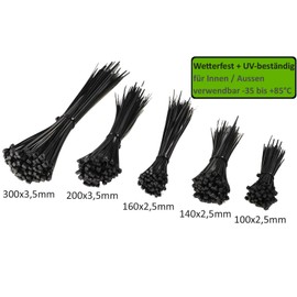 Cable Ties Assortment 500 Pieces 5 Sizes 100 x 100 mm 140 mm 160 x 2.5 mm 100 x 200 mm / 300 mm x 3.5 mm Weatherproof UV Resistant Black
