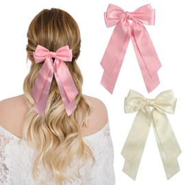 JCF Big Bow Hairs Clips 2 Pcs Hairs Bows with Soft Silky Satin Large Bowknot Long Tail Hairs Pins Solid Color French Hair Barrettes Hair Accessories for Girls and Women-Beige&Pink