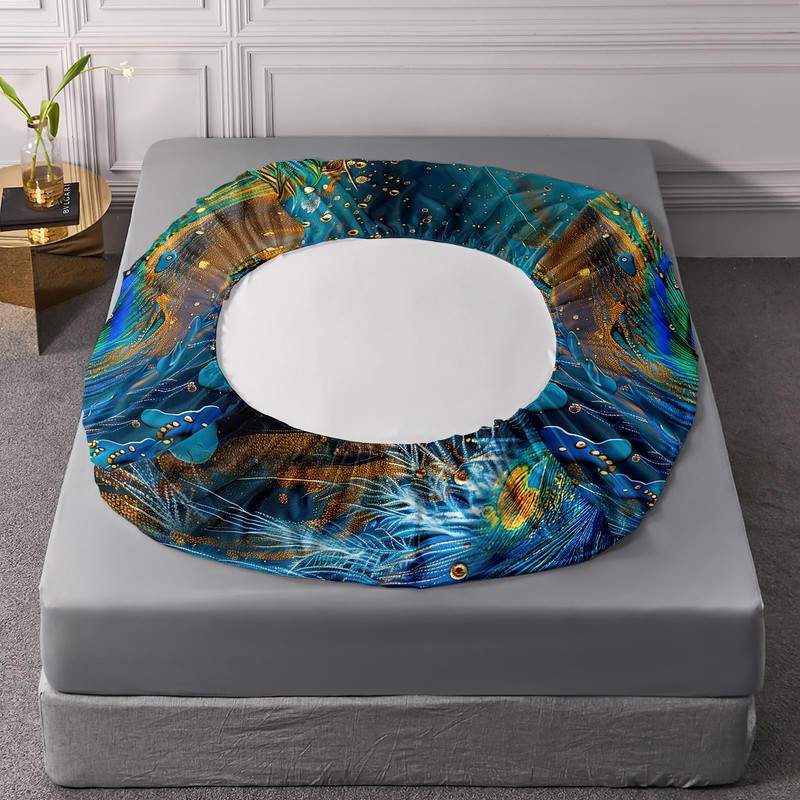 AILONEN Peacock Feather Bedding Set King Size 4Pcs,Golden Blue Feather