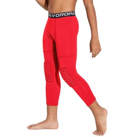 DEVOROPA Youth Boys' Compression Pants with Knee Pads 3/4 Basketball Athletic Tights Quick Dry Sports Workout Leggings Red M