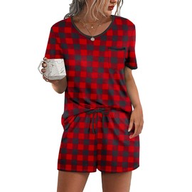 Ekouaer Pajama Set for Women 2 Piece Lounge Set Short Sleeve Tops and Shorts Soft Sleepwear, Chest Pocket Red Plaid