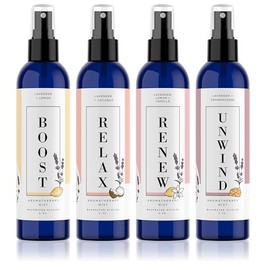 Aromatherapy Gift Set. Relax - Unwind - Boost - Renew. Showers, Space and Linens Aromatherapy Spray Essential Oil Mist. 4 Pack of 8oz.