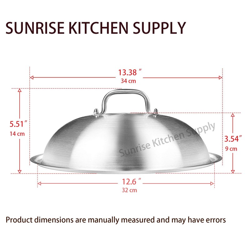 SUNRISE Heavy Duty Stainless Steel Wok Lid/Cover Dome (34cm), Fits