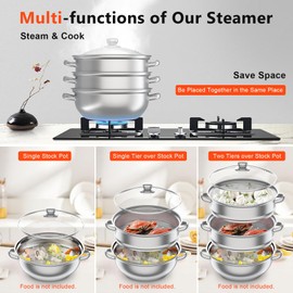 Gbonklong 3 Tier Thick-bottomed Stainless Steel Steamer Pot Food Steamer, 11-inch Pot with Tempered Glass Lid Cooking Multipurpose Cookware for Vegetable, tamale,Dumpling, egg, Sauce, Food