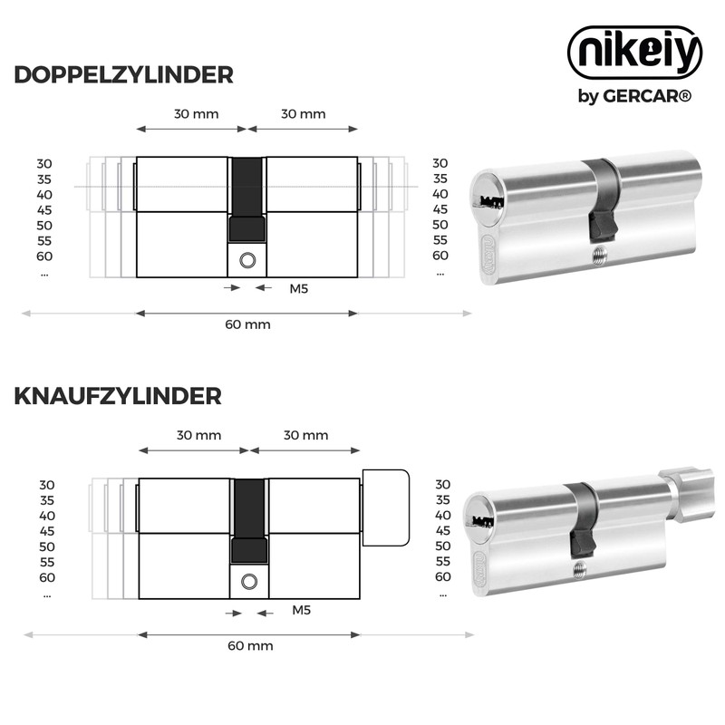 GERCAR Locking Cylinder, 30/30 mm, Profile Cylinder Lock, Double Cylinder