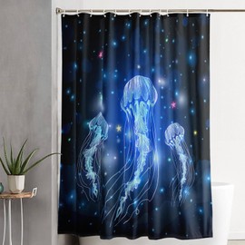 AILONEN Jellyfish Shower Curtain Set, Hand Painted Star Jellyfish Shower Curtain Liner Bathroom Decor,Glittering Ocean World Cloth Bath Curtain for Girls Boys Child Teens,72" W*78" H