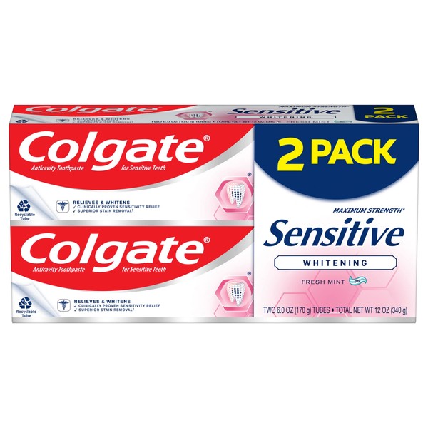 Colgate Sensitive Whitening Maximum Strength Toothpaste Fresh Mint, 6 Ounce (Pack of 2)