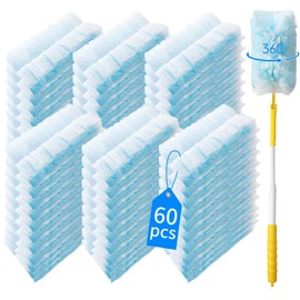 Senowi 60 Count 360° Heavy Duty Duster Refills Compatible with Swiffer,Large Size-Extra Thick Disposable Electrostatic Duster Refill with 1 Retractable Handle for Furniture,Blinds,Ceiling Fans(Blue)
