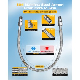 HOTYELL 1/4 Inch NPT Male Compressor Jumper Hose 20" with JIC-4 Female, 750°F/450 PSI, Industrial Grade Full Body 304 Stainless Steel Double Layers Air Hose with 360° Swivel Fittings