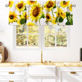CANVASBEE Cenefas de cocina de girasoles amarillos para ventanas, cenefa de granja, bolsillo para barra, cortina de 52 x 18 pulgadas, cenefas blancas para cafetería, sala de estar, baño, 1 panel