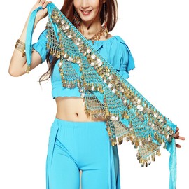 Wuchieal Women's Sweet Bellydance Hip Scarf with Gold Coins Skirts Wrap Noisy (One Size, Sky Blue)