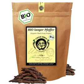 UNCLE SPICE® DE-ÖKO-005 Organic Long Pepper - 120 g Real Pole Pepper from Asia Ecologically Grown Organic Pepper Sticks Whole in Eco Bag Sustainably Produced