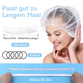Pack of 100 Disposable Shower Caps and 5 Hair Bands, 52 cm Plastic Shower Cap, Width, Thickness, Waterproof, Elastic Hair Cap, Clear Shower Cap, Shower Cap for Salon, Spa, Hotel, Shower, Home Use