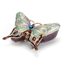 Cottage Garden Hand Painted Metal Enamel Hinged Trinket Box Ornamental Mini Jewelry Ring Earring Organizer Vintage Collectible Figurine Keepsake Box with Bejeweled Crystals, Blue Butterfly